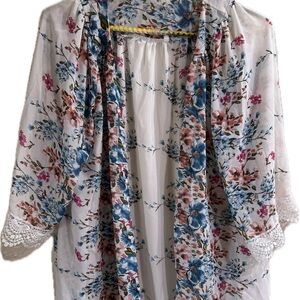 Floral Lace Trim Kimono Robe